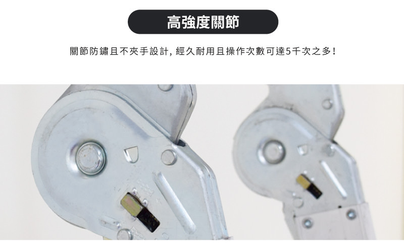 關節防鏽且不夾手設計，經久耐用且操作次數達5000次之多。